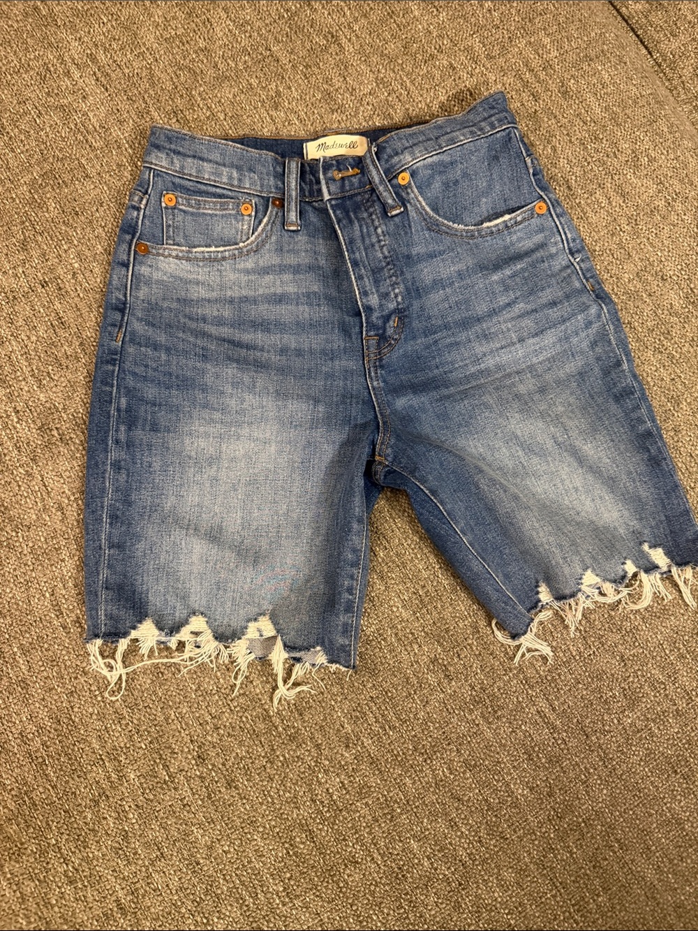 Madewell High Rise Mid-Length Frayed Hem Denim Shorts